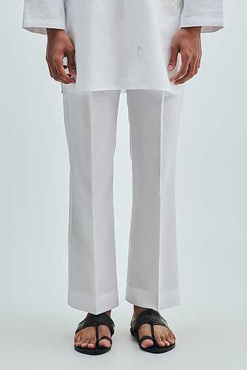 Buy_Saphed_White Cotton, Linen Taj Straight Pleated Pant 