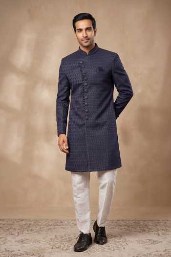 Arihant Rai Sinha Navy Blue Geometric Jaal Sherwani & Pant 