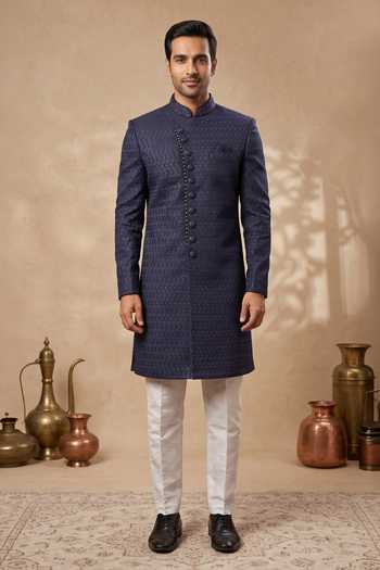 Arihant Rai Sinha Blue Jacquard, Faux Leather, Silk Navy Geometric Jaal Sherwani And Pant Online at Aza Fashions Arihant Rai Sinha_Blue Jacquard, Faux Leather, Silk Navy Geometric Jaal Sherwani And Pant _Online_at_Aza_Fashions