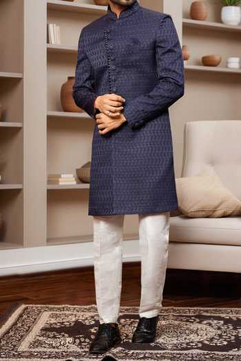Buy Arihant Rai Sinha Blue Jacquard, Faux Leather, Silk Navy Geometric Jaal Sherwani And Pant Online at Aza Fashions Buy_Arihant Rai Sinha_Blue Jacquard, Faux Leather, Silk Navy Geometric Jaal Sherwani And Pant _Online_at_Aza_Fashions