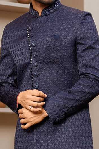 Shop Arihant Rai Sinha Blue Jacquard, Faux Leather, Silk Navy Geometric Jaal Sherwani And Pant Online at Aza Fashions Shop_Arihant Rai Sinha_Blue Jacquard, Faux Leather, Silk Navy Geometric Jaal Sherwani And Pant _Online_at_Aza_Fashions