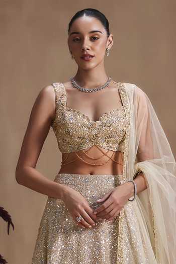 Niamh By Kriti Gold Silk, Satin, Tissue Sweetheart Celestial Champagne Embellished Lehenga Set Online at Aza Fashions Niamh By Kriti_Gold Silk, Satin, Tissue Sweetheart Celestial Champagne Embellished Lehenga Set _Online_at_Aza_Fashions