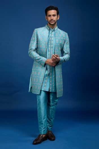 Buy Arihant Rai Sinha Cobalt Silk, Polyester Embroidery, Sequins Sherwani Set Buy_Arihant Rai Sinha_Cobalt Silk, Polyester Embroidery, Sequins Sherwani Set