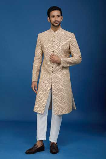 Arihant Rai Sinha Gold Silk, Polyester, Viscose Embroidery Mughal Sherwani Set at Aza Fashions Arihant Rai Sinha_Gold Silk, Polyester, Viscose Embroidery Mughal Sherwani Set _at_Aza_Fashions