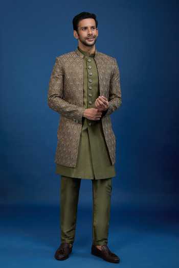 Arihant Rai Sinha Green Silk Embroidery Butti Sherwani Set at Aza Fashions Arihant Rai Sinha_Green Silk Embroidery Butti Sherwani Set _at_Aza_Fashions