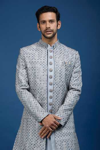Buy Arihant Rai Sinha Gray Silk, Dupion Embroidery Jaal Sherwani Set at Aza Fashions Buy_Arihant Rai Sinha_Gray Silk, Dupion Embroidery Jaal Sherwani Set _at_Aza_Fashions