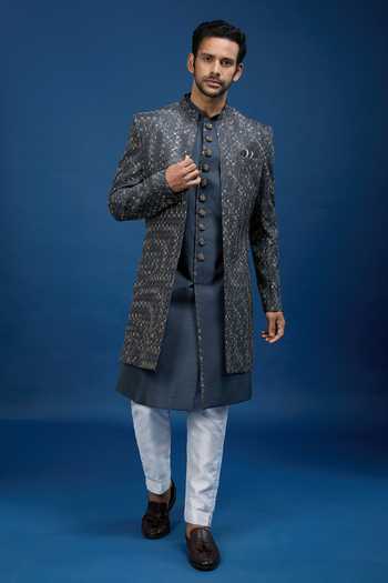 Shop Arihant Rai Sinha Gray Silk, Dupion Embroidery Jaal Sherwani Set Online at Aza Fashions Shop_Arihant Rai Sinha_Gray Silk, Dupion Embroidery Jaal Sherwani Set _Online_at_Aza_Fashions