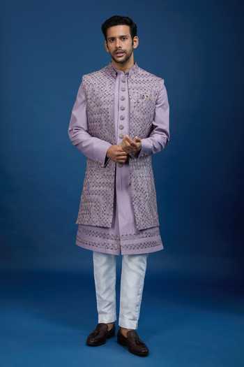 Shop_Arihant Rai Sinha_Purple Silk, Dupion Embroidery Jaal Sherwani Set _Online_at_Aza_Fashions