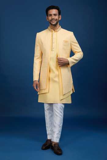 Arihant Rai Sinha Yellow Silk, Dupion Embroidery Sherwani Set at Aza Fashions Arihant Rai Sinha_Yellow Silk, Dupion Embroidery Sherwani Set _at_Aza_Fashions