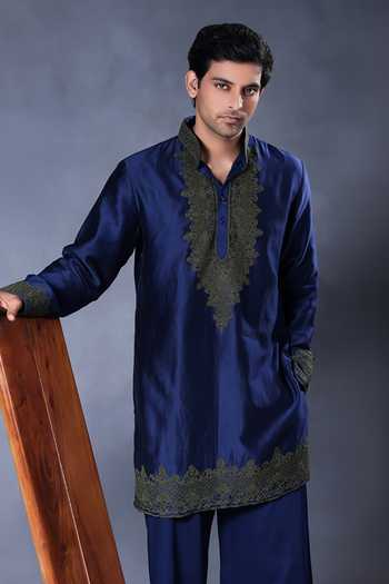 Jorah Men Blue Chanderi, Cotton Yoke Embroidered Kurta Set Online at Aza Fashions Jorah Men_Blue Chanderi, Cotton Yoke Embroidered Kurta Set _Online_at_Aza_Fashions