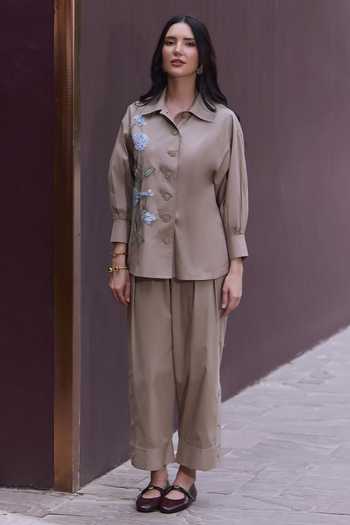 House Of Fett Nectar Bloom Embroidered Shirt & Pant Co-ord Set