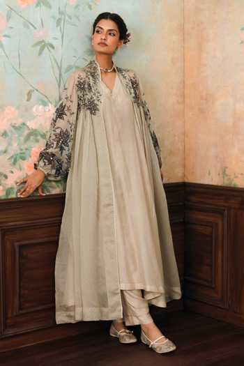 Paulmi And Harsh Grey Silk, Cotton, Organza V-neck Laverna Embroidered Jacket Kurta Set Online at Aza Fashions Paulmi And Harsh_Grey Silk, Cotton, Organza V-neck Laverna Embroidered Jacket Kurta Set _Online_at_Aza_Fashions