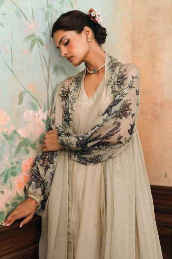 Shop Paulmi And Harsh Grey Silk, Cotton, Organza V-neck Laverna Embroidered Jacket Kurta Set Online at Aza Fashions Shop_Paulmi And Harsh_Grey Silk, Cotton, Organza V-neck Laverna Embroidered Jacket Kurta Set _Online_at_Aza_Fashions