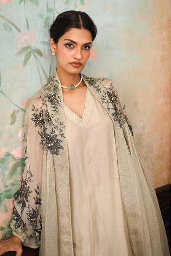 Buy_Paulmi And Harsh_Grey Silk, Cotton V-neck Laverna Kurta And Pant Set _Online_at_Aza_Fashions