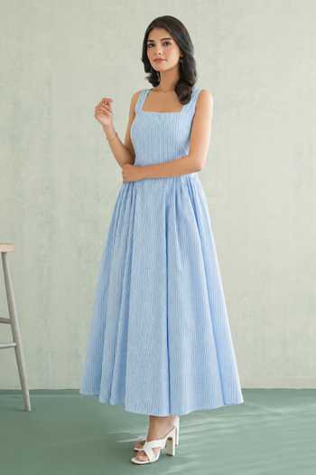 Masoomm Blue Cotton Square Neck Bluebell Gathered Woven Dress Online at Aza Fashions Masoomm_Blue Cotton Square Neck Bluebell Gathered Woven Dress _Online_at_Aza_Fashions