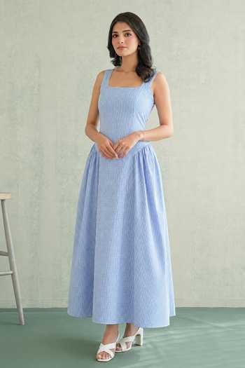 Buy Masoomm Blue Cotton Square Neck Bluebell Gathered Woven Dress Online at Aza Fashions Buy_Masoomm_Blue Cotton Square Neck Bluebell Gathered Woven Dress _Online_at_Aza_Fashions