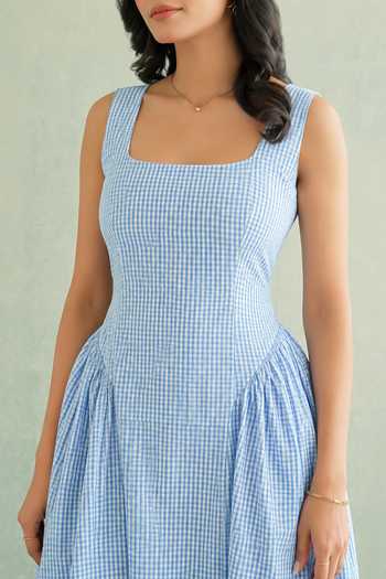 Shop Masoomm Blue Cotton Square Neck Bluebell Gathered Woven Dress Online at Aza Fashions Shop_Masoomm_Blue Cotton Square Neck Bluebell Gathered Woven Dress _Online_at_Aza_Fashions
