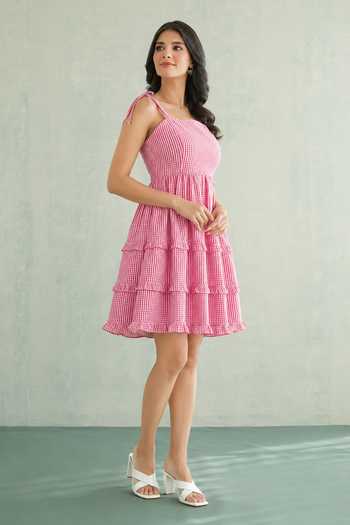 Masoomm Red Cotton Sweetheart Neck Candy Bow Woven Dress Online at Aza Fashions Masoomm_Red Cotton Sweetheart Neck Candy Bow Woven Dress _Online_at_Aza_Fashions