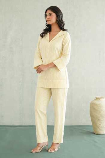 Masoomm Yellow Cotton V-neck, Collared Neck, Yes Lemon Zest Woven Kurta And Pant Set Online at Aza Fashions Masoomm_Yellow Cotton V-neck, Collared Neck, Yes Lemon Zest Woven Kurta And Pant Set _Online_at_Aza_Fashions