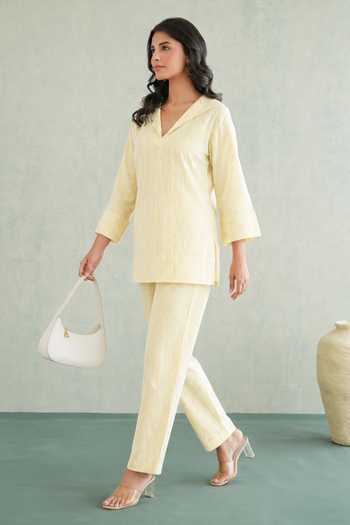 Buy Masoomm Yellow Cotton V-neck, Collared Neck, Yes Lemon Zest Woven Kurta And Pant Set Online at Aza Fashions Buy_Masoomm_Yellow Cotton V-neck, Collared Neck, Yes Lemon Zest Woven Kurta And Pant Set _Online_at_Aza_Fashions