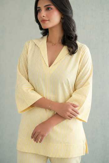 Shop Masoomm Yellow Cotton V-neck, Collared Neck, Yes Lemon Zest Woven Kurta And Pant Set Online at Aza Fashions Shop_Masoomm_Yellow Cotton V-neck, Collared Neck, Yes Lemon Zest Woven Kurta And Pant Set _Online_at_Aza_Fashions