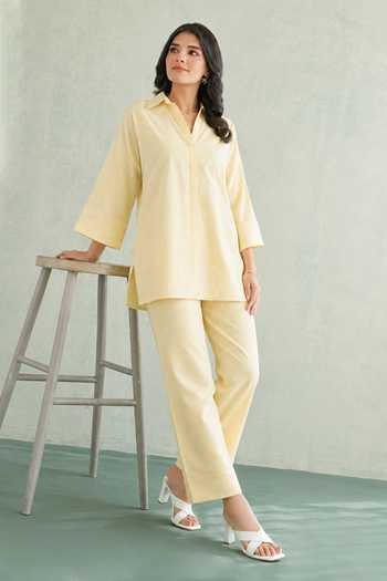 Buy Masoomm Yellow Cotton V-, Collared Sunshine Stripe Woven Kurta And Pant Set Online at Aza Fashions Buy_Masoomm_Yellow Cotton V-, Collared Sunshine Stripe Woven Kurta And Pant Set _Online_at_Aza_Fashions