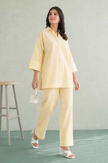 Shop Masoomm Yellow Cotton V-, Collared Sunshine Stripe Woven Kurta And Pant Set Online at Aza Fashions Shop_Masoomm_Yellow Cotton V-, Collared Sunshine Stripe Woven Kurta And Pant Set _Online_at_Aza_Fashions