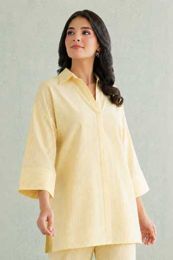 Masoomm Yellow Cotton V-, Collared Sunshine Stripe Woven Kurta And Pant Set at Aza Fashions Masoomm_Yellow Cotton V-, Collared Sunshine Stripe Woven Kurta And Pant Set _at_Aza_Fashions