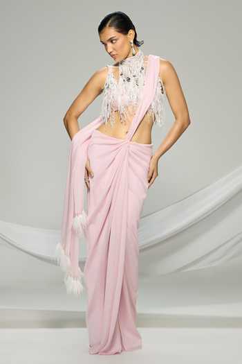 Shop_Dilnaz_Pink Satin, Net Halter Neck Fringe Blouse _Online_at_Aza_Fashions