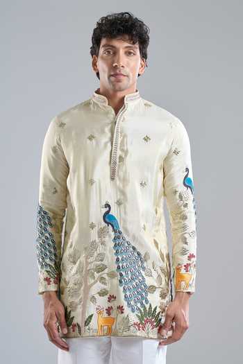 Arihant Rai Sinha Cream Tissue Embroidery Peacock Kurta With Koti Jacket at Aza Fashions Arihant Rai Sinha_Cream Tissue Embroidery Peacock Kurta With Koti Jacket _at_Aza_Fashions