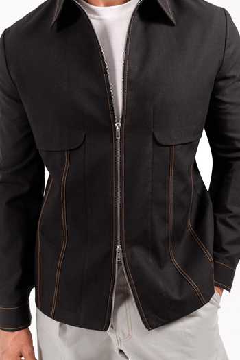 Madhav Agasti Black Panelled Bomber Jacket With Trouser Online at Aza Fashions Madhav Agasti_Black Panelled Bomber Jacket With Trouser _Online_at_Aza_Fashions