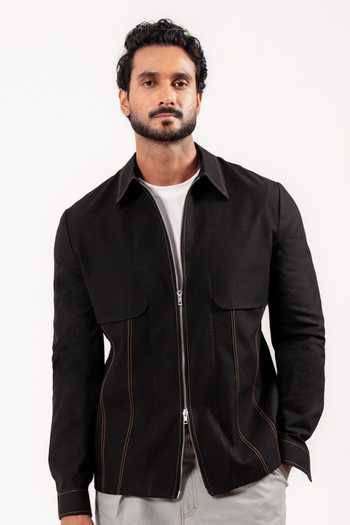 Shop Madhav Agasti Black Panelled Bomber Jacket With Trouser Online at Aza Fashions Shop_Madhav Agasti_Black Panelled Bomber Jacket With Trouser _Online_at_Aza_Fashions