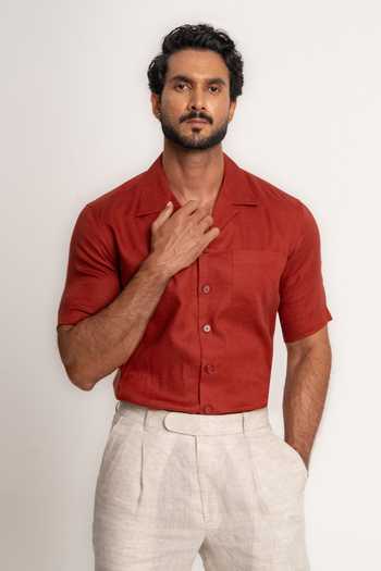 Madhav Agasti Rust Linen Panelled Half Sleeve Shirt Online at Aza Fashions Madhav Agasti_Rust Linen Panelled Half Sleeve Shirt _Online_at_Aza_Fashions