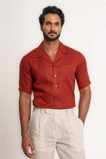 Buy Madhav Agasti Rust Linen Panelled Half Sleeve Shirt Online at Aza Fashions Buy_Madhav Agasti_Rust Linen Panelled Half Sleeve Shirt _Online_at_Aza_Fashions