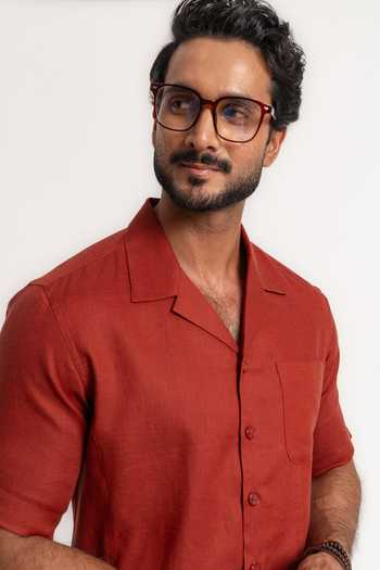 Shop Madhav Agasti Rust Linen Panelled Half Sleeve Shirt Online at Aza Fashions Shop_Madhav Agasti_Rust Linen Panelled Half Sleeve Shirt _Online_at_Aza_Fashions