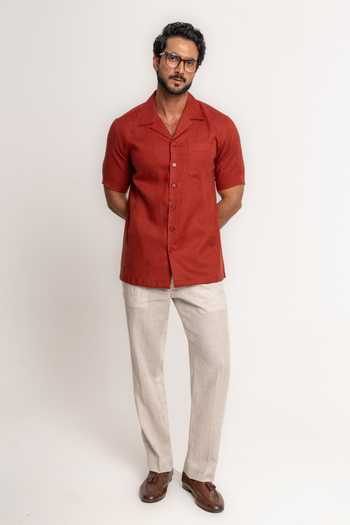 Madhav Agasti Rust Linen Panelled Half Sleeve Shirt at Aza Fashions Madhav Agasti_Rust Linen Panelled Half Sleeve Shirt _at_Aza_Fashions