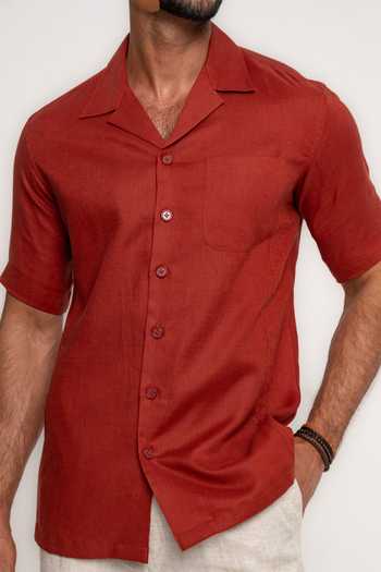 Buy Madhav Agasti Rust Linen Panelled Half Sleeve Shirt Buy_Madhav Agasti_Rust Linen Panelled Half Sleeve Shirt