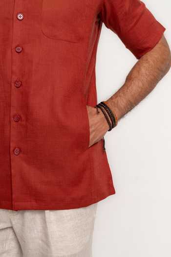 Shop Madhav Agasti Rust Linen Panelled Half Sleeve Shirt Shop_Madhav Agasti_Rust Linen Panelled Half Sleeve Shirt