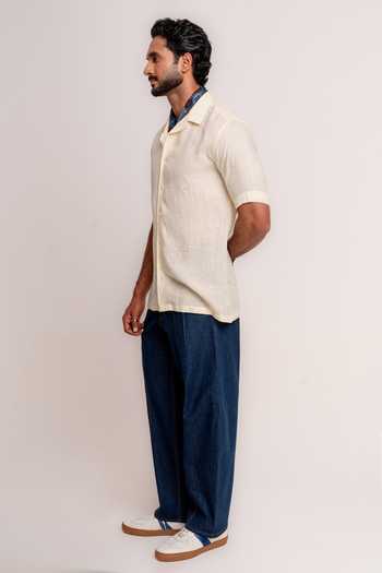 Madhav Agasti Yellow Linen Tonal Embroidered Half Sleeve Shirt Online at Aza Fashions Madhav Agasti_Yellow Linen Tonal Embroidered Half Sleeve Shirt _Online_at_Aza_Fashions