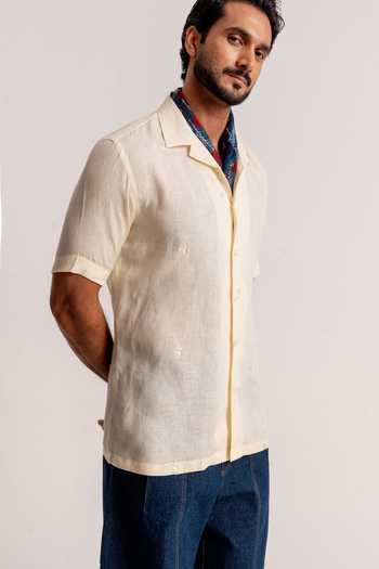 Buy Madhav Agasti Yellow Linen Tonal Embroidered Half Sleeve Shirt Online at Aza Fashions Buy_Madhav Agasti_Yellow Linen Tonal Embroidered Half Sleeve Shirt _Online_at_Aza_Fashions
