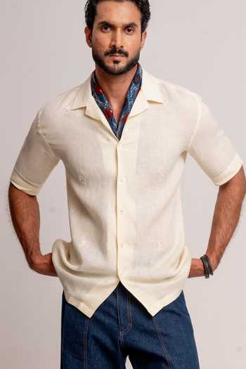 Shop Madhav Agasti Yellow Linen Tonal Embroidered Half Sleeve Shirt Online at Aza Fashions Shop_Madhav Agasti_Yellow Linen Tonal Embroidered Half Sleeve Shirt _Online_at_Aza_Fashions