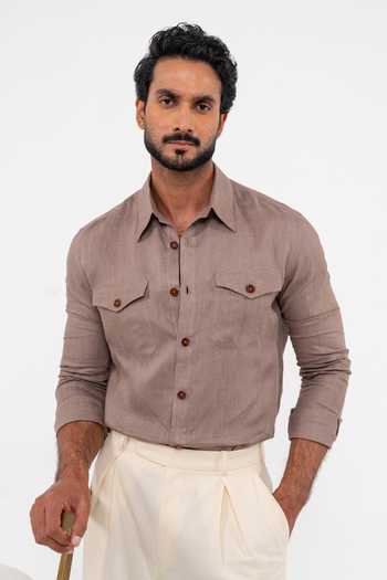 Shop Madhav Agasti Purple Linen Patch Pocket Safari Shirt Online at Aza Fashions Shop_Madhav Agasti_Purple Linen Patch Pocket Safari Shirt _Online_at_Aza_Fashions