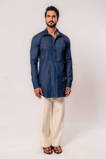 Madhav Agasti Blue Denim Pleated Short Kurta Online at Aza Fashions Madhav Agasti_Blue Denim Pleated Short Kurta _Online_at_Aza_Fashions