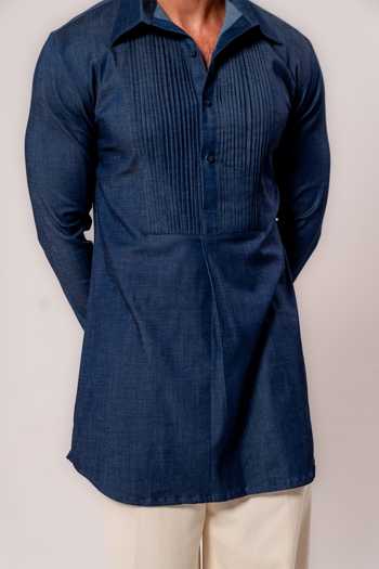 Shop Madhav Agasti Blue Denim Pleated Short Kurta Online at Aza Fashions Shop_Madhav Agasti_Blue Denim Pleated Short Kurta _Online_at_Aza_Fashions