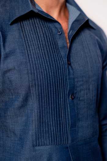 Madhav Agasti Blue Denim Pleated Short Kurta at Aza Fashions Madhav Agasti_Blue Denim Pleated Short Kurta _at_Aza_Fashions