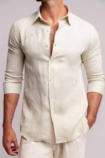 Madhav Agasti White Linen Tonal Embroidered Full Sleeve Shirt Online at Aza Fashions Madhav Agasti_White Linen Tonal Embroidered Full Sleeve Shirt _Online_at_Aza_Fashions