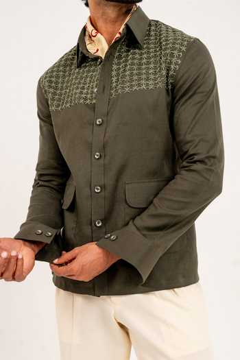 Madhav Agasti Olive Green Linen Sasiko Embroidered Safari Shacket Online at Aza Fashions Madhav Agasti_Olive Green Linen Sasiko Embroidered Safari Shacket _Online_at_Aza_Fashions
