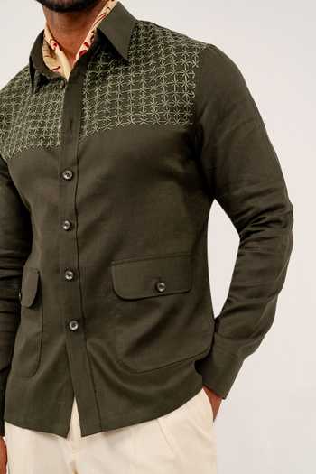 Buy Madhav Agasti Olive Green Linen Sasiko Embroidered Safari Shacket Online at Aza Fashions Buy_Madhav Agasti_Olive Green Linen Sasiko Embroidered Safari Shacket _Online_at_Aza_Fashions