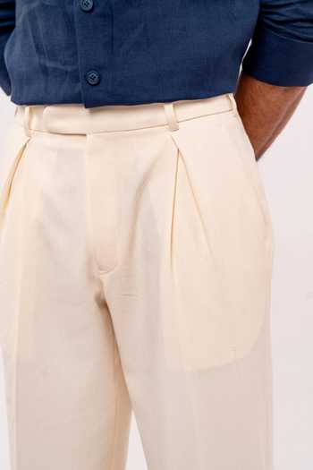 Madhav Agasti Off White Cotton, Denim Lightweight Pleated Trouser Online at Aza Fashions Madhav Agasti_Off White Cotton, Denim Lightweight Pleated Trouser _Online_at_Aza_Fashions