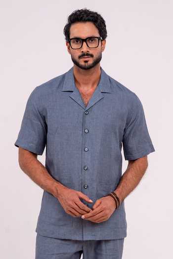 Madhav Agasti Blue Linen Half Sleeve Shirt And Pant Co-ord Set Online at Aza Fashions Madhav Agasti_Blue Linen Half Sleeve Shirt And Pant Co-ord Set _Online_at_Aza_Fashions